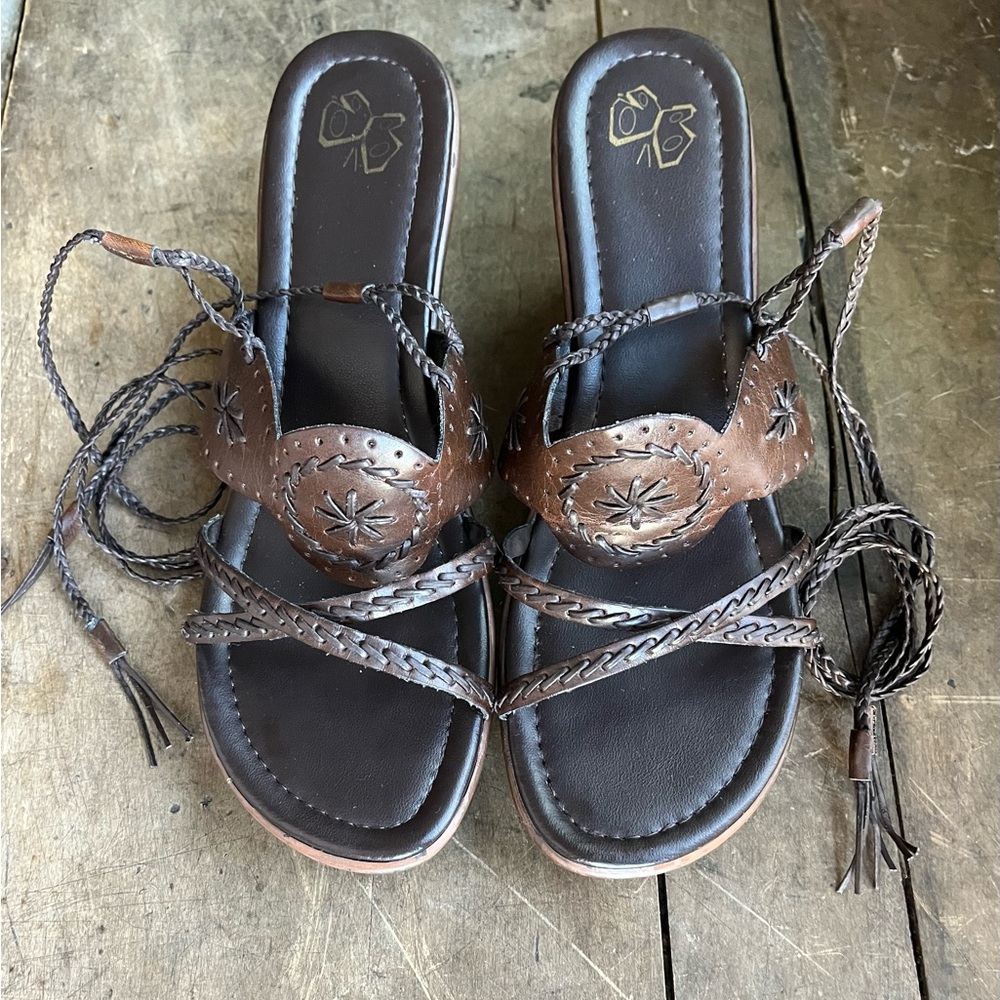SIZE 10 WOMENS BRAIDED TOGA SANDALS HIGH HEEL DARK BROWN GLADIATOR TIE